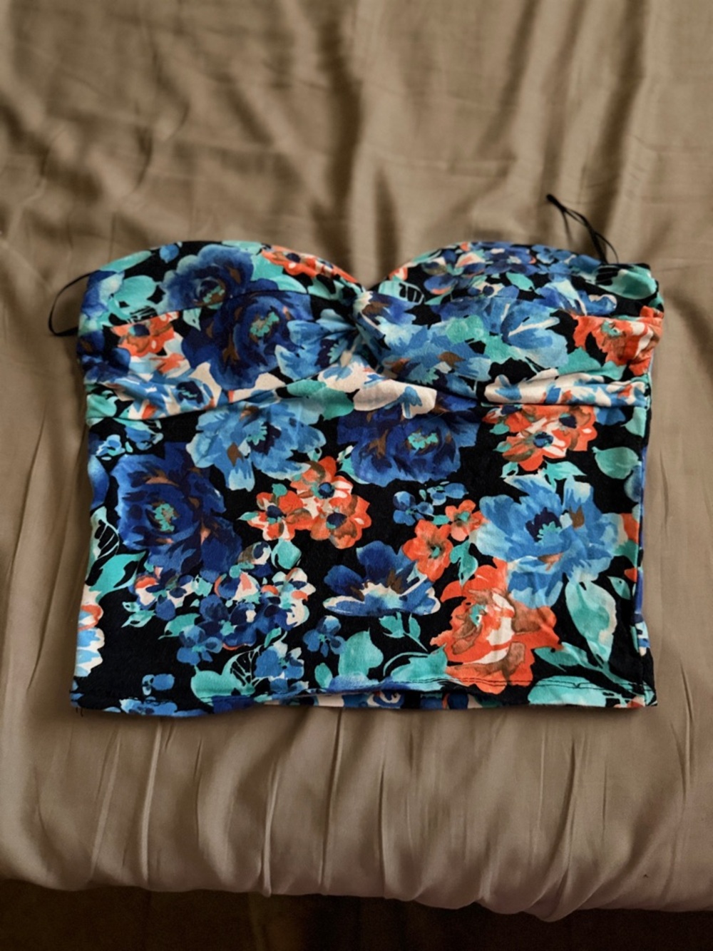 Fashion Nova Black Floral Strapless Bustier Top with Blue & Coral Accents